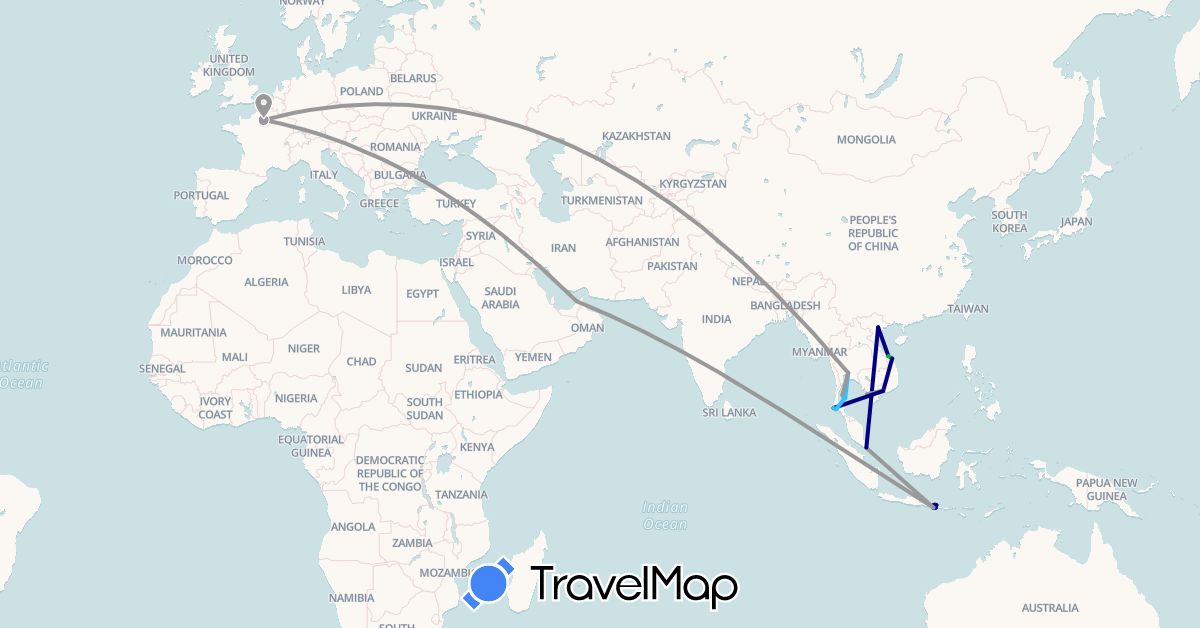 TravelMap itinerary: driving, bus, plane, boat in United Arab Emirates, France, Indonesia, Singapore, Thailand, Vietnam (Asia, Europe)